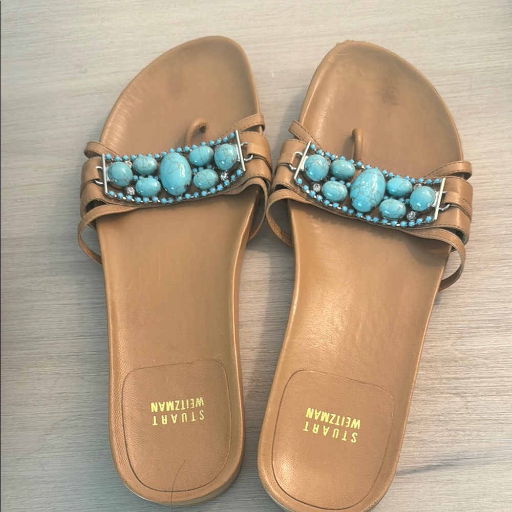 Stuart Weitzman Tan and Blue Sandals with Beaded Embellishments